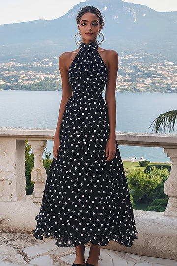 A Line High Neck Black White Polka Dots Dress